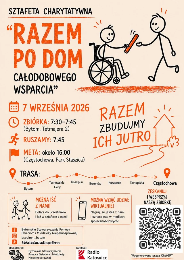 Plakat Charytatywnej Sztafety Bytom – Częstochowa, 7 września 2026: Razem po Dom Całodobowego Wsparcia. Zbiórka 7:30–7:45, Bytom Tetmajera 2, meta około 16:00, Częstochowa Park Staszica.